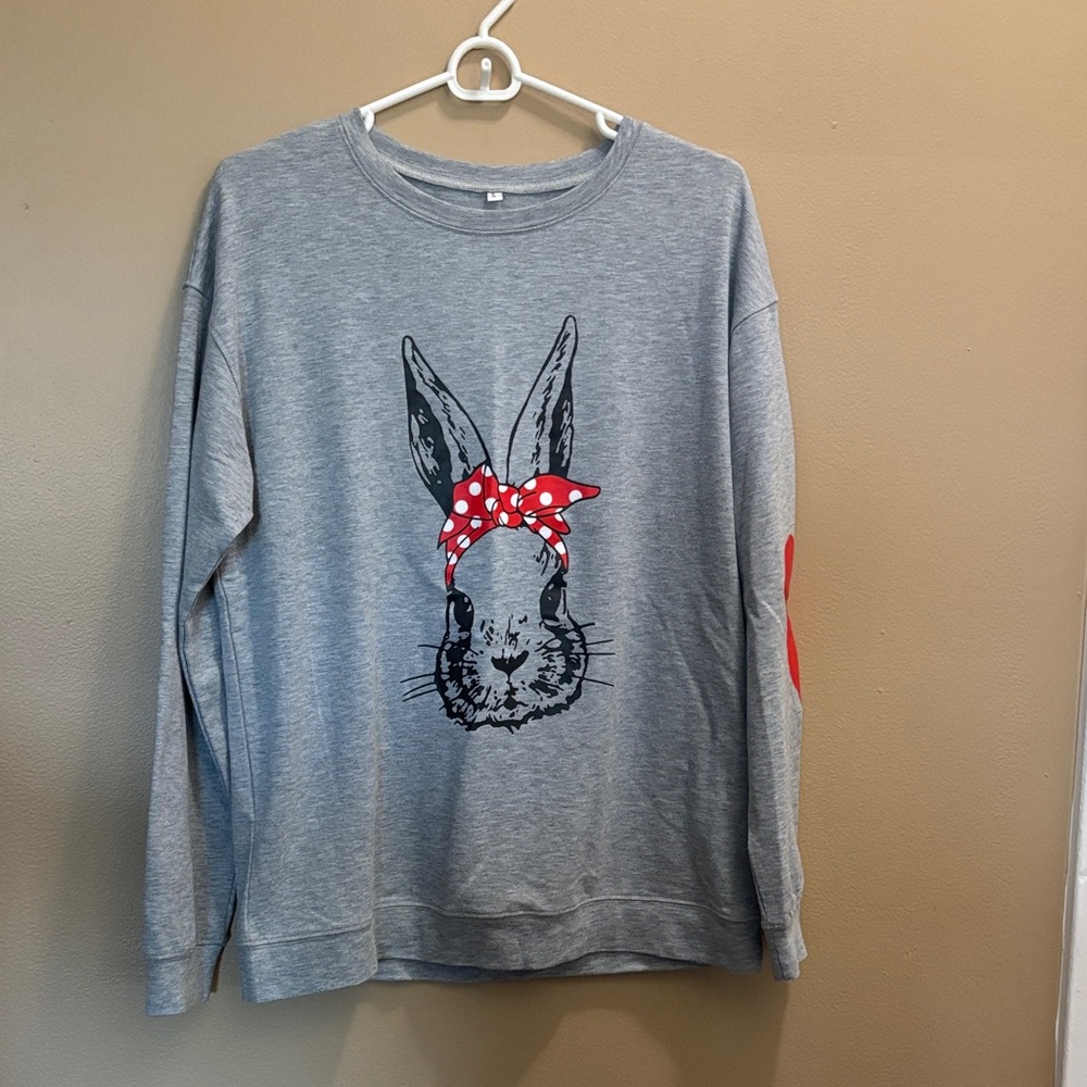 Gray Crewneck Top with Bunny and Red Bow
